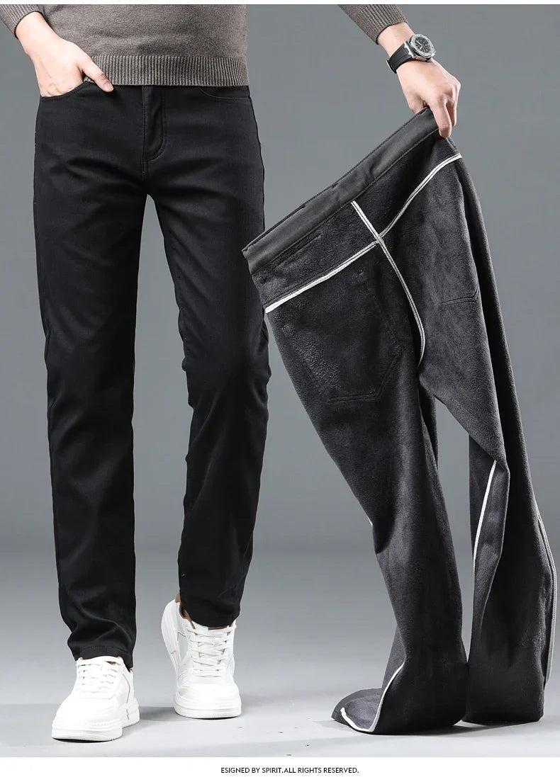 2024 Winter New Men's Warm Slim Fit Business Casual Fashion Thicken Trousers Fleece Stretch Brand Pants Black Grey Army Green