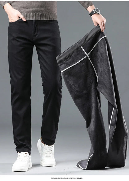 2024 Winter New Men's Warm Slim Fit Business Casual Fashion Thicken Trousers Fleece Stretch Brand Pants Black Grey Army Green