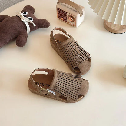 Summer Peep Toe Tassel Children Shoes Girls Sandals Soft Bottom Flat Heel Buckle Girl's Shoes Back Strape Slingbacks Shoe I05285