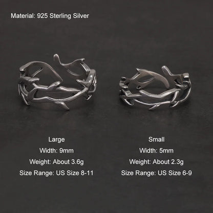925 Sterling Silver Gothic Thorn Couple Rings for Women Men Punk Retro Cool Spiky Finger Ring Adjustable Hip-hop Y2k Jewelry