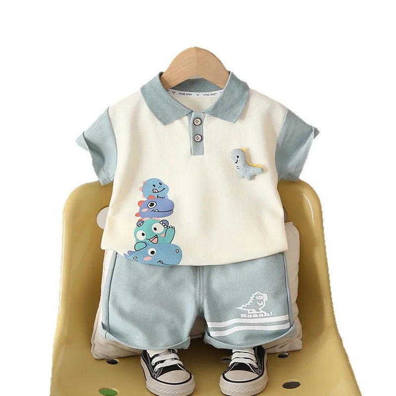 Summer Fashion Baby Girls Boys Clothes Suits Cartoon Dinosaur Polo TShirt Shorts 2pcs/Set Kids Children Toddler Casual Outfit