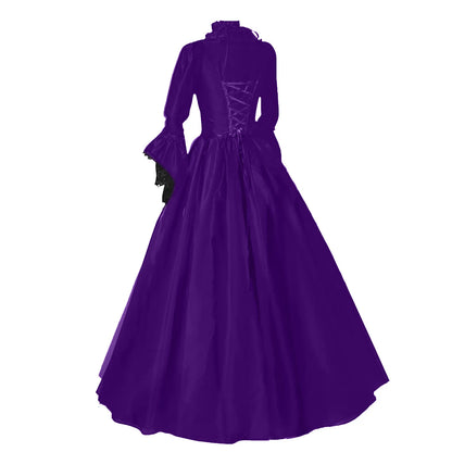 Medieval Victorian Court Lace Patchwork Gothic Dress Halloween Witch Cosplay Party Costume Square Neck Flare Sleeve Maxi Dress