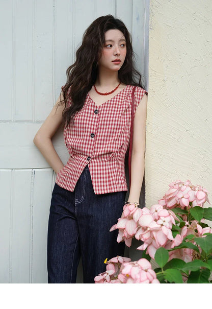 Women's Fashion V-neck Shirt 2026 Summer New Plaid Ladies Red Button Shirt Casual Retro Top Female Clothing MXE37X1921