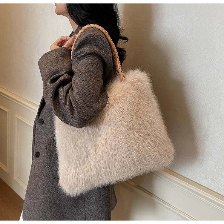 Fashion Women Furry Shoulder Bag Large Capacity Tote Handle Bag for Autumn Winter Outing Commuter Texture Versatile Storage Bags