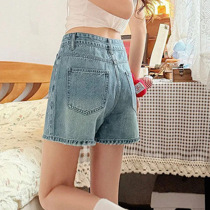 Fashion Rhinestone Denim Shorts for Women Light Blue Summer New Loose Wide Leg Short Pants Korean High Waist Washed Jeans Shorts