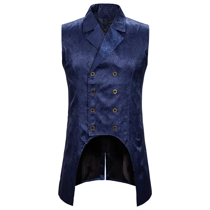 2026 Eur-Usa Fashion Elegant Jacquard Mid Length Tailcoat Vest for Men, Navy Blue Vintage Gothic Sleeveless Palace Men's Tuxedo