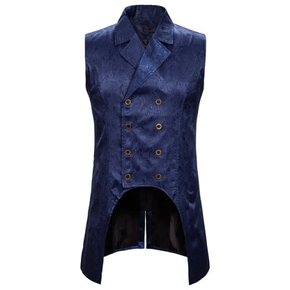 2026 Eur-Usa Fashion Elegant Jacquard Mid Length Tailcoat Vest for Men, Navy Blue Vintage Gothic Sleeveless Palace Men's Tuxedo