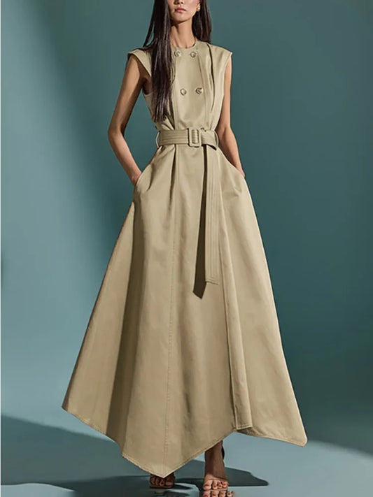 Missuoo Summer 2025 Women's Elegant Sleeveless Cotton-Blended Dress Double Button High Waist A-Line Office Dresses with Belt
