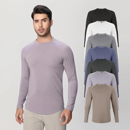 Sports Long-sleeved T-shirt Men Curved Hem Warm Gym Fitness Clothes Quick-drying Breathable Running Training Round Neck Top