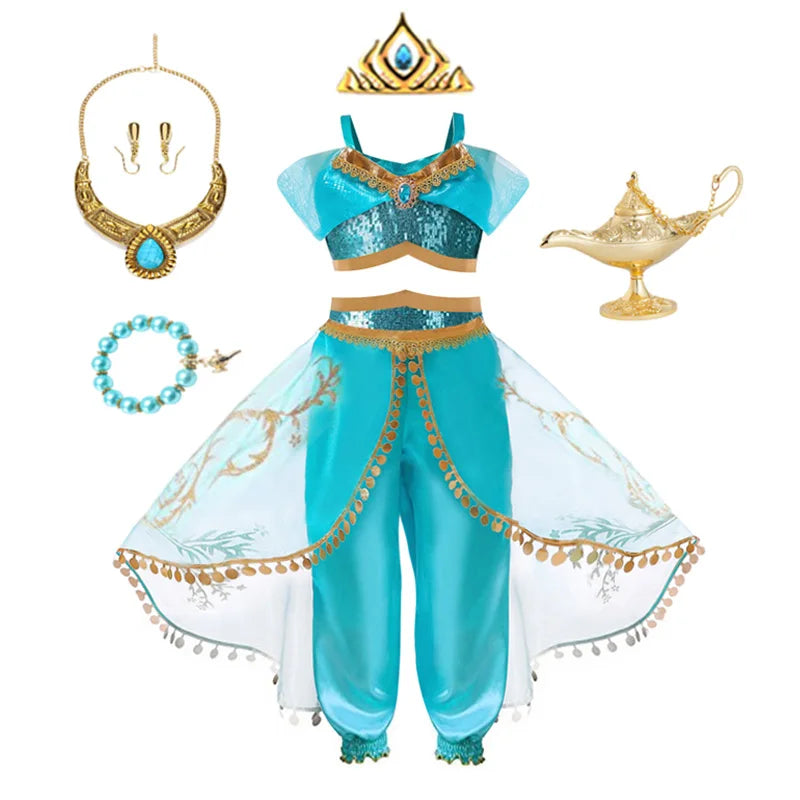 Jasmine Princess Dress for Girls Cosplay Aladdin Magic Lamp Costume Outfit Girls Halloween Kids Birthday Carnival Dance Vestidos