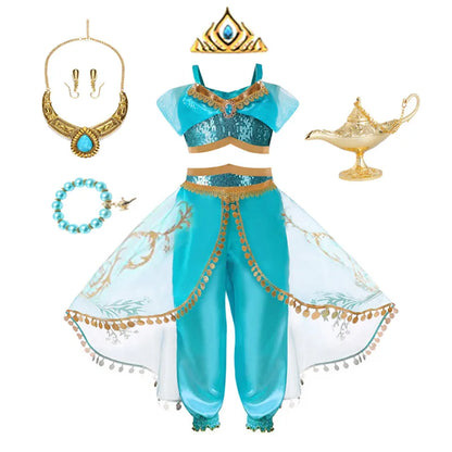 Jasmine Princess Dress for Girls Cosplay Aladdin Magic Lamp Costume Outfit Girls Halloween Kids Birthday Carnival Dance Vestidos