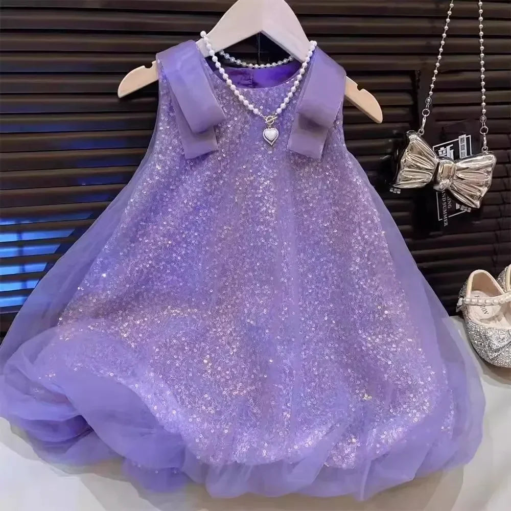 Summer New Girls' Sequined Lace Bow Bubble Princess Dress Korean Version Fashionable Solid Color Kids Clothes 2-7 Years Old