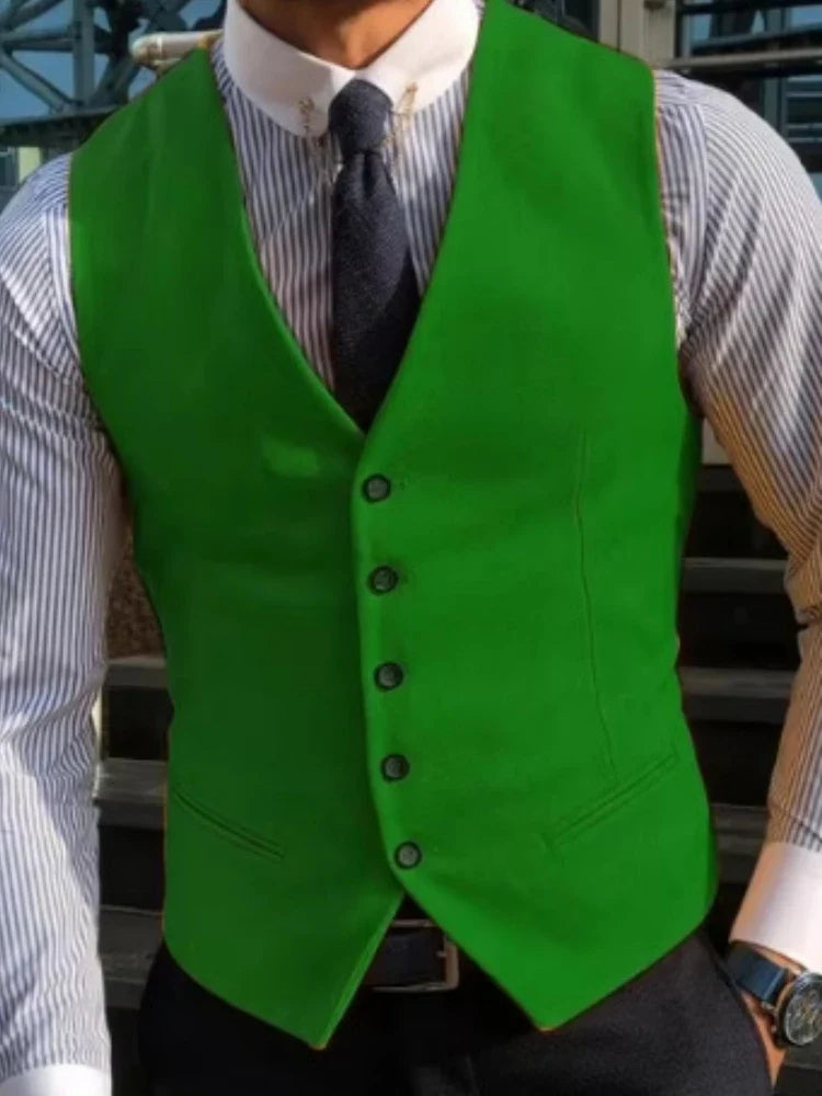 Men Vest Yellow Solid V Neck Single Button Waistcoat For Wedding Party Banquet Business Casual Daily Office Work Men Suit Vest