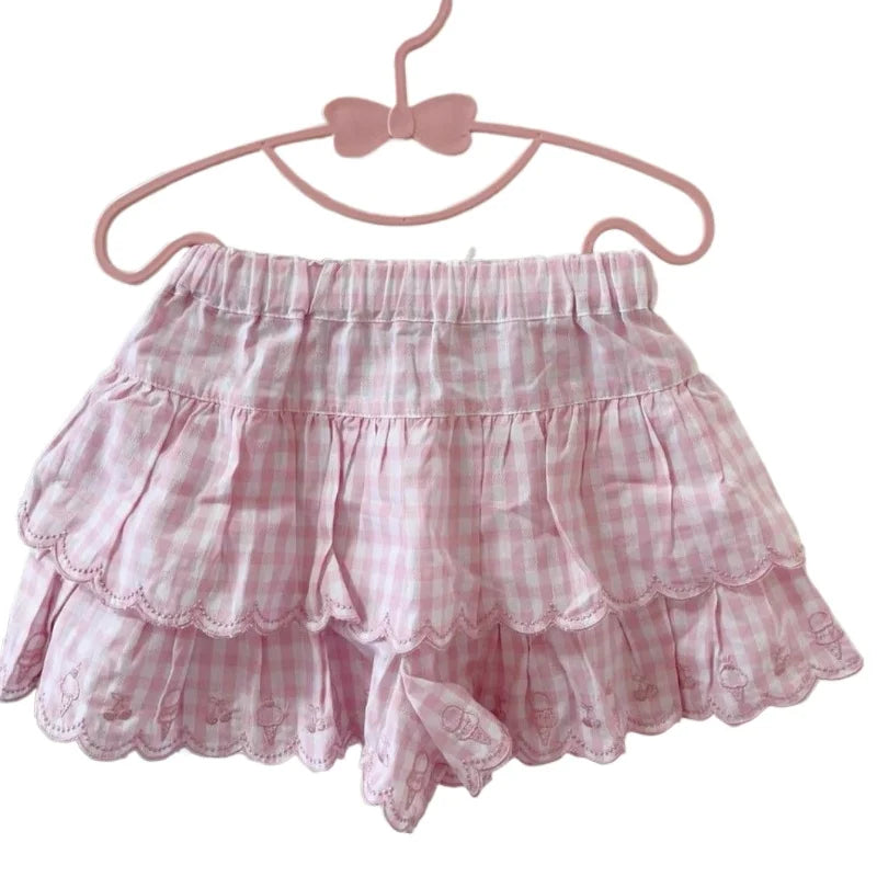 Japanese Style Kawaii Mini Skirt Women Sweet Harajuku Lolita Plaid Skirts Pink Y2k Cutecore Summer A-line Ruffle Skirts