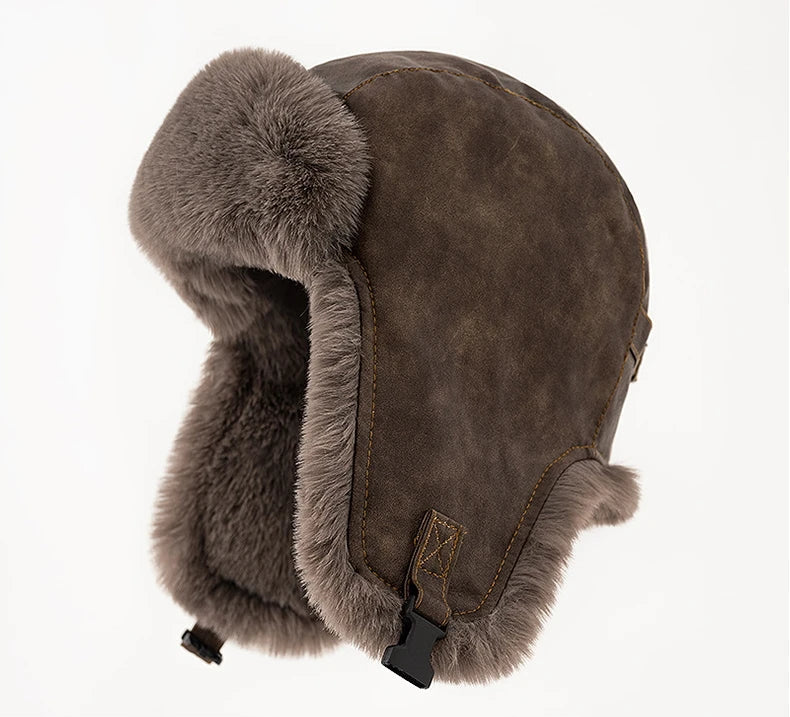 Men Winter Bomber Hat Outdoor Motorcycle Windproof Thicken Warm Faux Fur Pilot Earflap Hat Leather Thermal Ushanka
