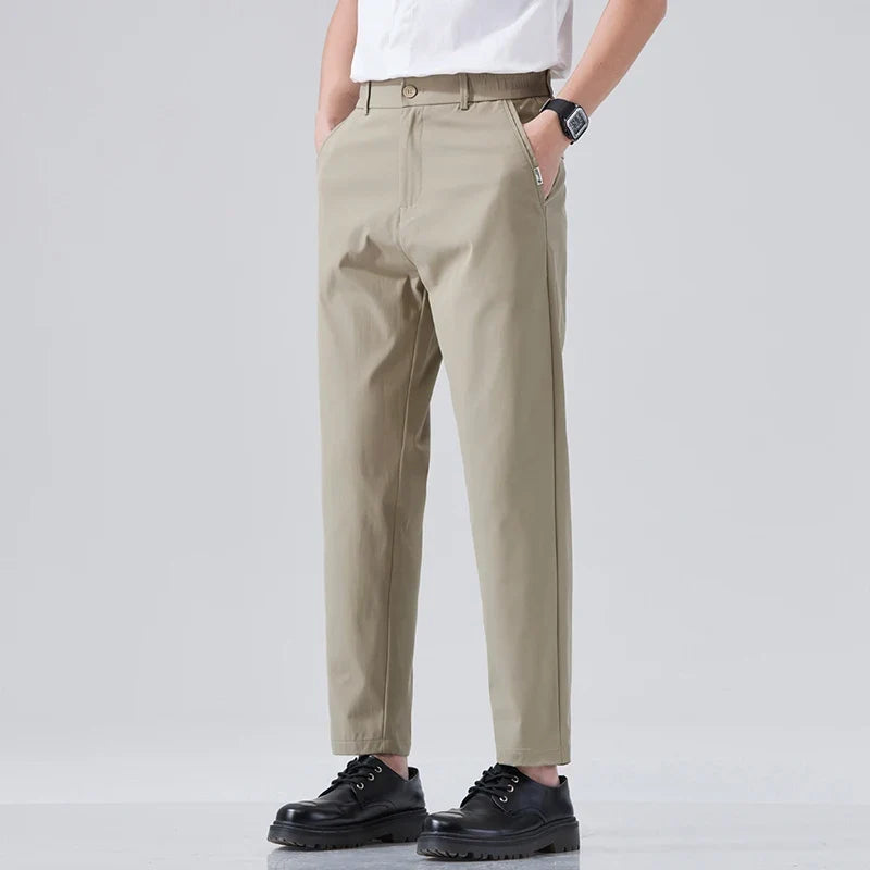 2026 Spring Summer Thin Ice Silk Suit Pants Men's Business Straight Slim High Elastic Ankle Length Casual Pants Male