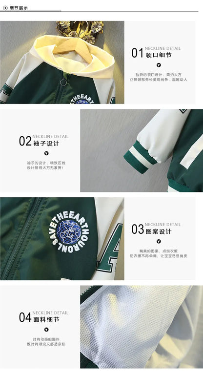 Fashion Boys Color Block Baseball Jacket 2025 Spring Autumn Baby Girl Letter Print Casual Hooded Zipper Coats Kid Clothes 2-12 Y