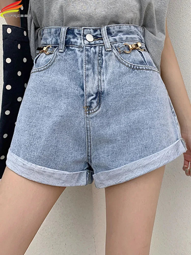 Summer 2024 Denim Shorts Women High Waisted Wide Leg Loose Crimping Blue Jeans Sequined Jean Shorts Female