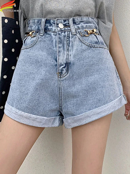 Summer 2024 Denim Shorts Women High Waisted Wide Leg Loose Crimping Blue Jeans Sequined Jean Shorts Female