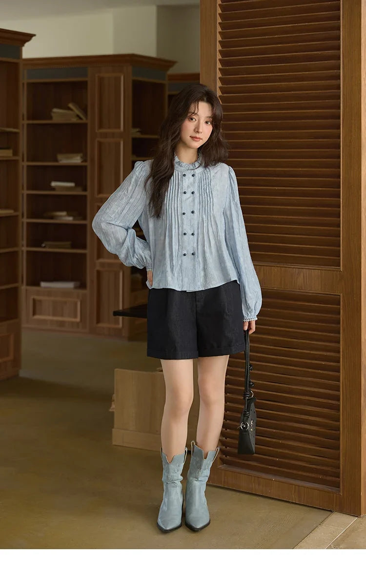 Women's Shirt 2025 Autumn Blue Polka Dot Chiffon Loose Shirt Stand Collar Double Row Buckle Lantern Sleeve Top MXE41X1926