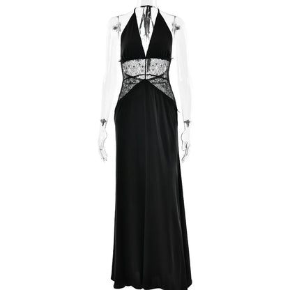 Sexy Deep V-neck Backless Lace Patchwork Satin Dresses for Women 2026 Summer Halter Sleeveless Long Maxi Party Evening Dress