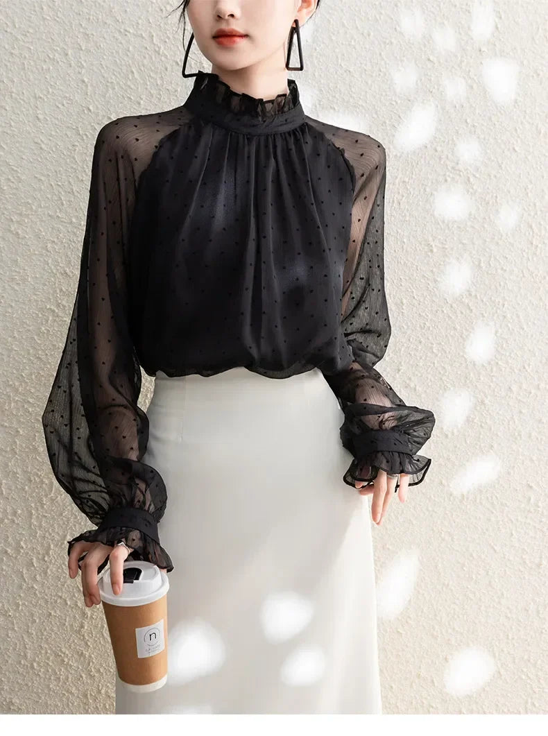 Spring Summer Black Polka Dots Mesh Women's Chiffon Blouses 2025 New Long Sleeve Stand Collar Vintage Loose Shirts Female