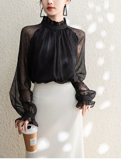 Spring Summer Black Polka Dots Mesh Women's Chiffon Blouses 2025 New Long Sleeve Stand Collar Vintage Loose Shirts Female