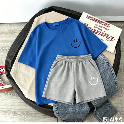 2026 New Summer Smiling Face Print Kids T-shirt Set Short-sleeved Pure Cotton Loose Basic Versatile Cool Simple Kids Outfit Tops