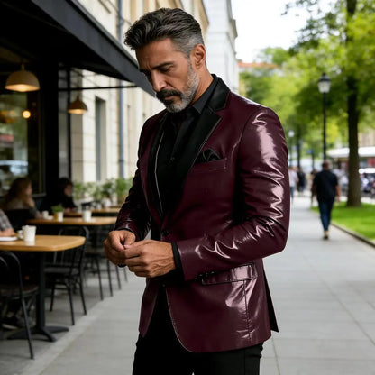 Men's Shiny Patent Leather Blazer Contrast Notch Lapel Two Button Suit Jacket Luxury Casual Business Formal Coat Party Wedding