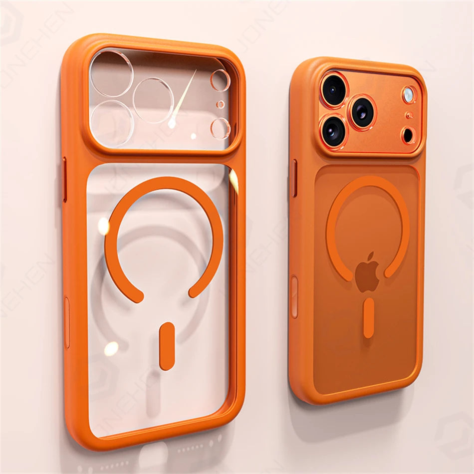 Magnetic Business Simplicity Shockproof Orange Bumper Camera Button Case For iPhone 17 16 15 14 Pro Max Clear Cover For Magsafe