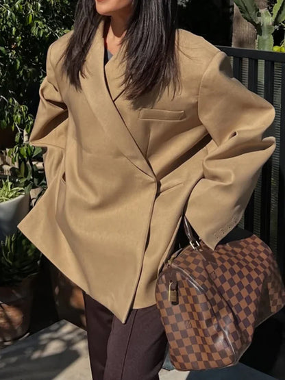 Chic Oversized Lapel Double Breasted Ruched Blazer Women 2026 Spring Khaki Elegant Puff Sleeve Casual Soft Daily Wear Outerwear