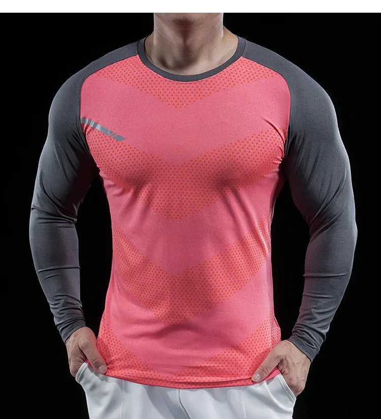 Autumn Winter Men Gym Fitness Display Long Sleeve T-Shirt Crew Neck Elastic Moisture Wicking Tights Running Training Bottom Top