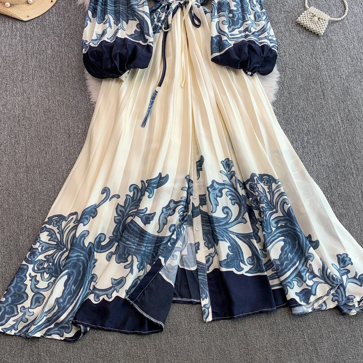 Ele Printed round Ne Lantern Sve Dr Women's Single Button Waist Cinch Maxi Skirt Long Dr Commute Sle Autumn