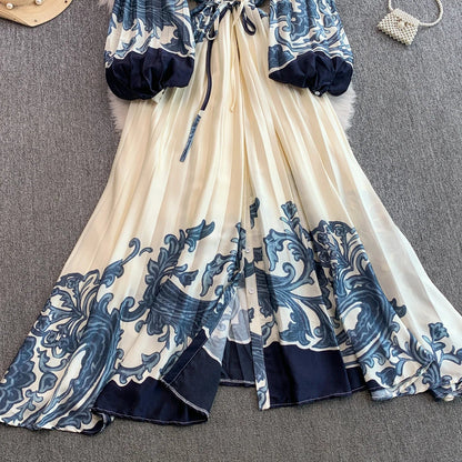 Ele Printed round Ne Lantern Sve Dr Women's Single Button Waist Cinch Maxi Skirt Long Dr Commute Sle Autumn