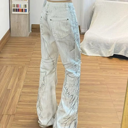 American Retro Hot Girl Tie-Dye Women's High-Waisted Bell-Bottom Pants Slim Ripped New Autumn And Winter Washed Casual Trousers