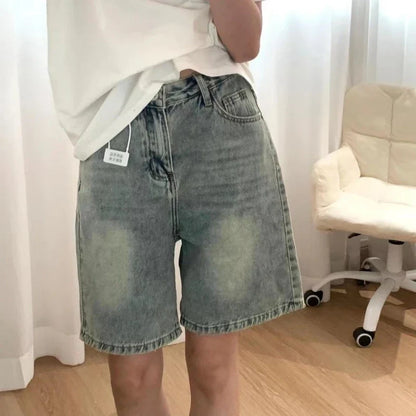 2026 New American Vintage Straight Denim Shorts Woman Summer High-Waisted Solid Jeans Women's Short Pants