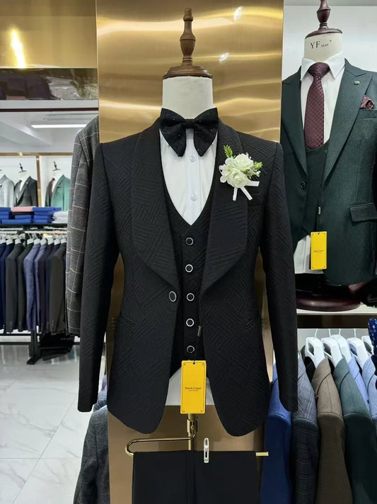 24H Ship High Quality Wedding Suit Set for Groom 3 Pieces Men's Fashion Suits One Button Shawl Neck Blazer Jacket Vest Pants
