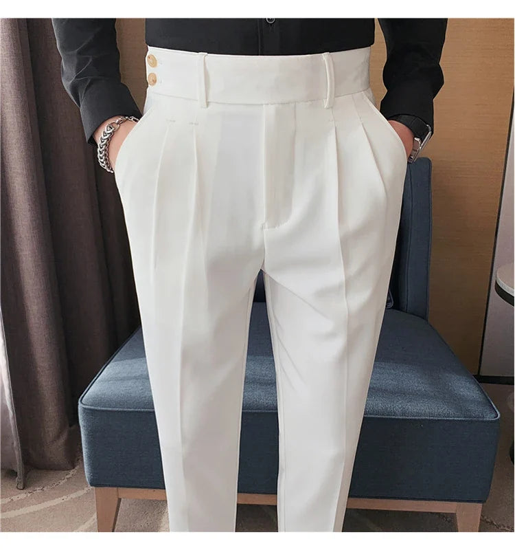 British Style Twill Pleat Design Naples High Waist Casual Trousers Fashion Man Slim Simple Social Party Suit Pant Plus Size 38