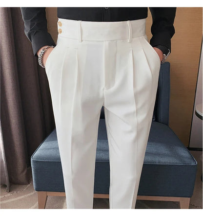 British Style Twill Pleat Design Naples High Waist Casual Trousers Fashion Man Slim Simple Social Party Suit Pant Plus Size 38