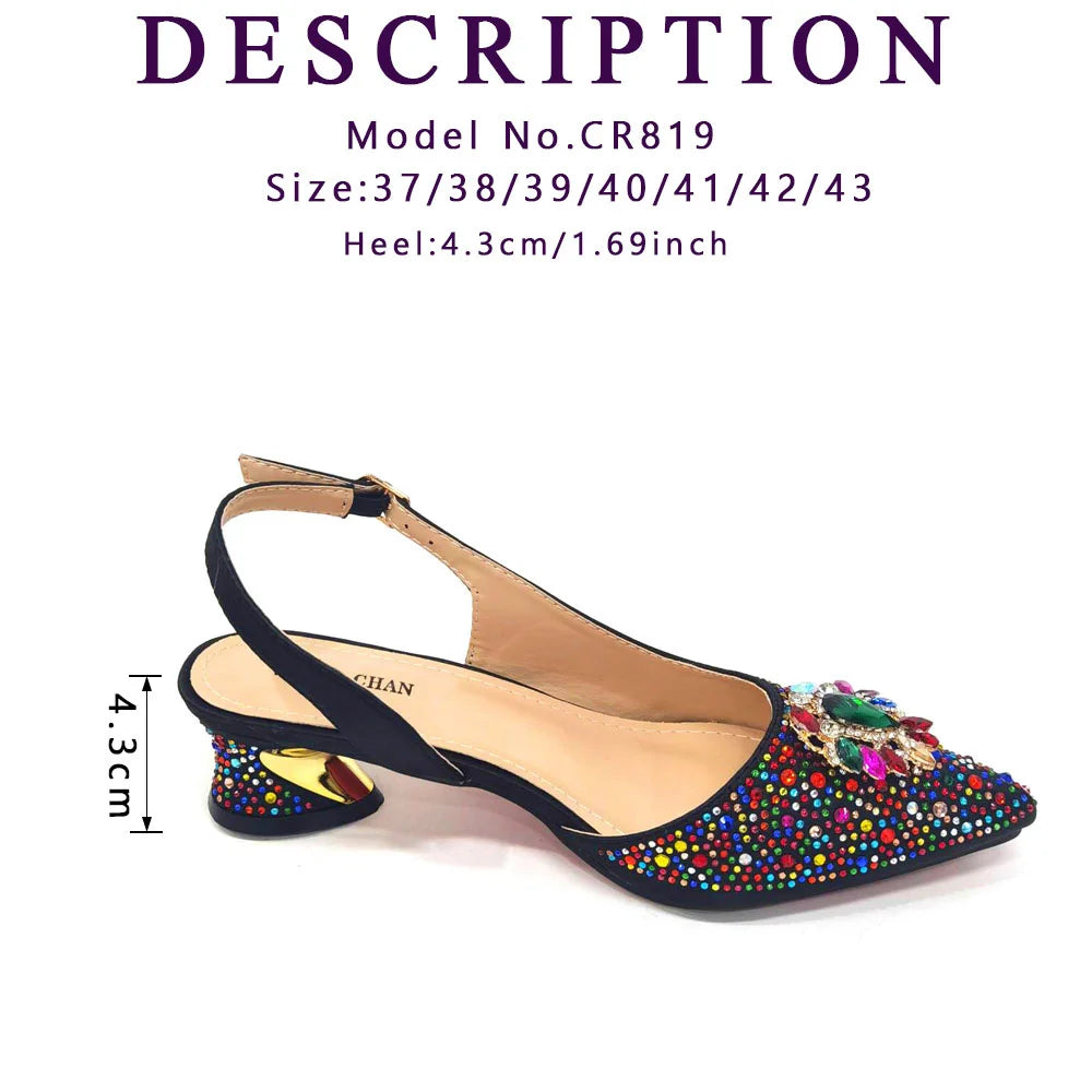 Royal Blue Sandals for Women 2024 Luxury Wedding Pumps Med Heels Rhinestone Design Party Shoes and Bags Set