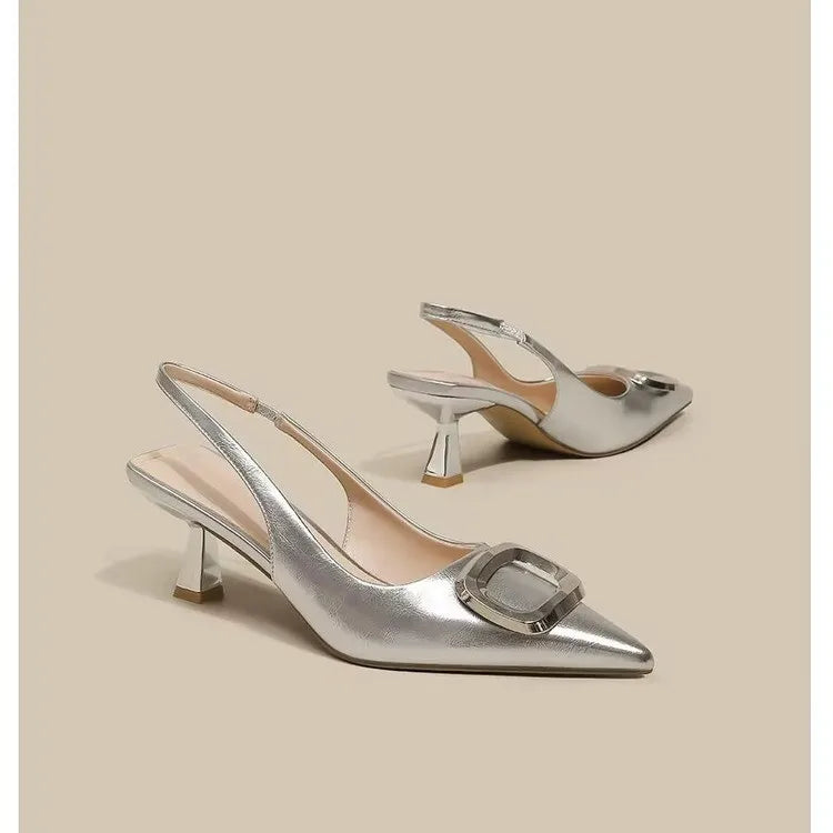 Brand Woman Slingback Shoes Fashion 2024 Spring New Ladies High Heels Elegant Med Heel Pointed Toe Slip on Sandal Mules