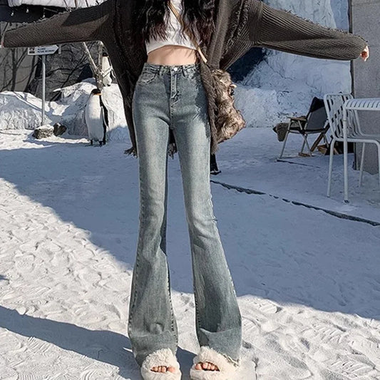 2024 Woman High Waist Vintage Flare Jeans Female Gothic Elastic Bell Bottom Pants Lady Streetwear Blue Black Grey Denim Trousers