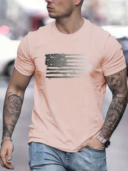 Men's summer 100 cotton fashionable casual loose plus size American flag printed sports round neck short sleeved T-shirt top
