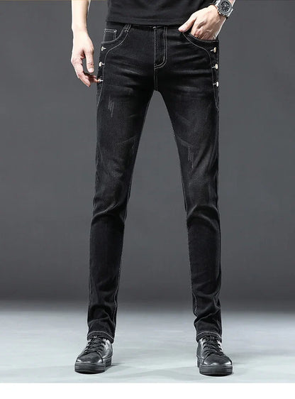 Classic Slim Vintage Fashion Men's Designer Jeans Snowflake Grey Wash Korean Fashion Stretch Pants Multi-button Denim Trousers