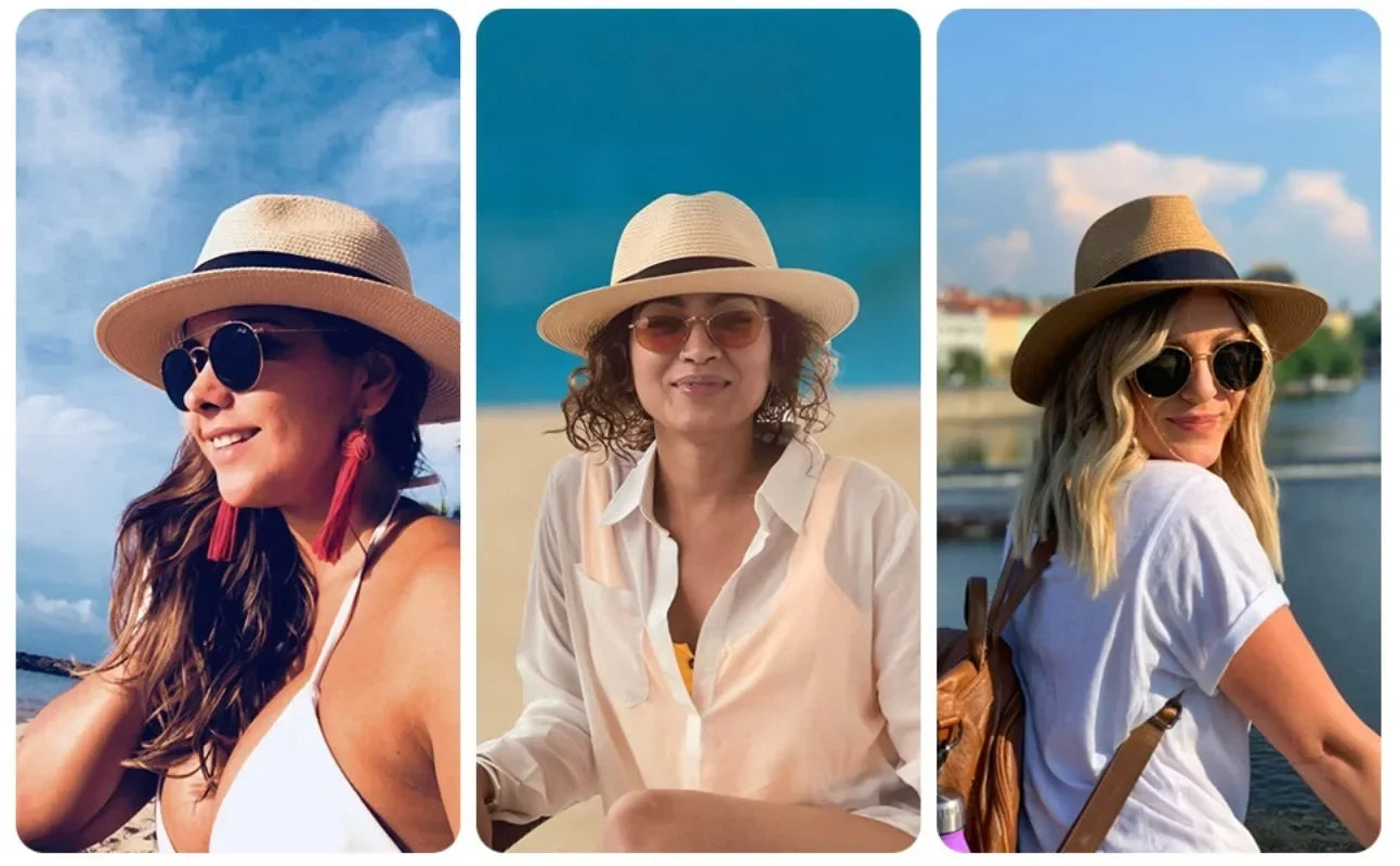 Unisex Panama Straw Hat Wide Brim Summer Beach Sun Protection Fedora Style - Sizes 55-57/58-60/61-64cm (Large/Plus)"