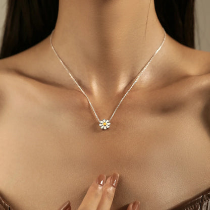 925 Sterling Silver White Enamel Flower Pendant Necklace Charm Daisy Neck Link Chain For Women Hypoallergenic Jewelry