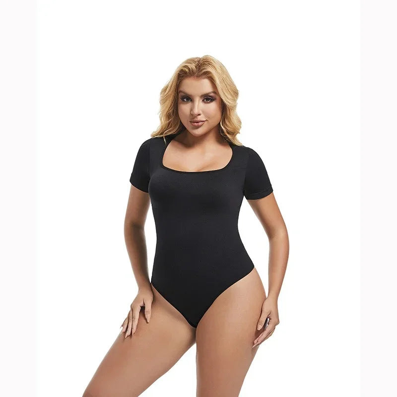 Bodysuits Sexy Ribbed One Piece Square Neck Short Sleeve Bodysuits Tummy Control Open Crotch Bodysuit Shapewear Suit
