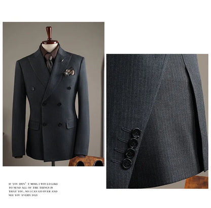 High Quality Mens Suit Formal Business Slim Fit Double-breasted Striped Suit Set Groom Wedding Dress Party Tuxedo Men's Clothing