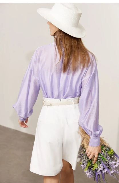 Minimalist Blouse for Women 2023 Autumn Lantern Sleeve V-Neck Slightly Transparent Elegant Commuter Clothing Tops 72341030