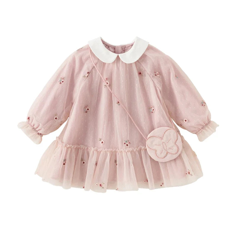 Mesh Floral Princess Dress Girls Baby Children 2025 New Autumn Sweet Charm Pink Fashion Long Sleeved Dress DB3242681